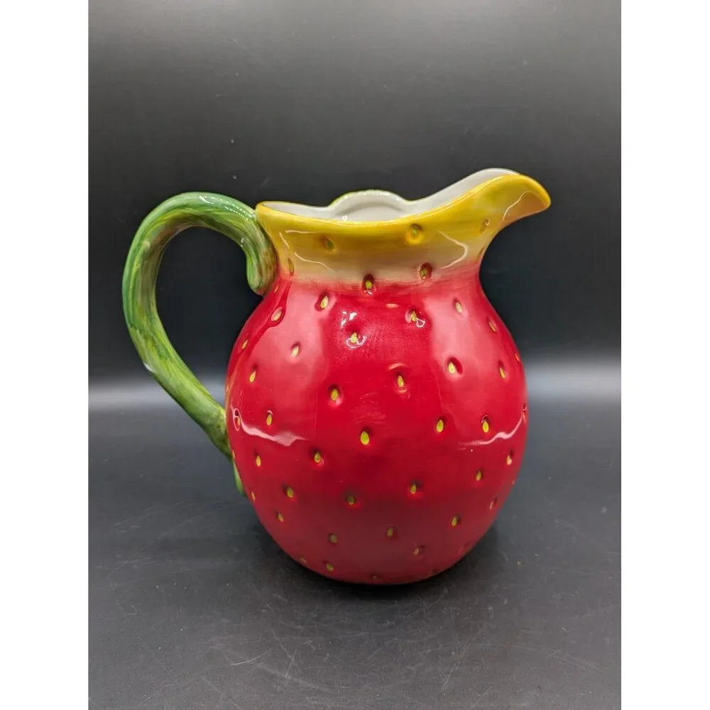 Sur La Table Ceramic Strawberry Shaped Pitcher Water Lemonade Red Green 7.5
